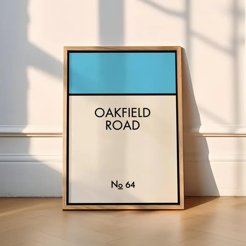 Blue Monopoly inspired property card print with custom address.