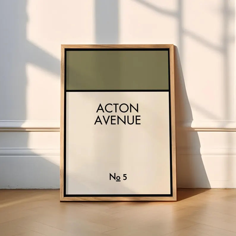 Green custom street name poster for entryway decor new home gift.