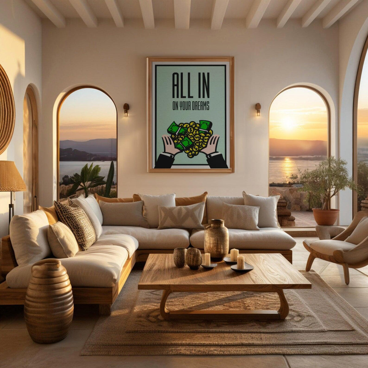 Motivational money poster hung above a linen sofa in a sunset Mediterranean living room