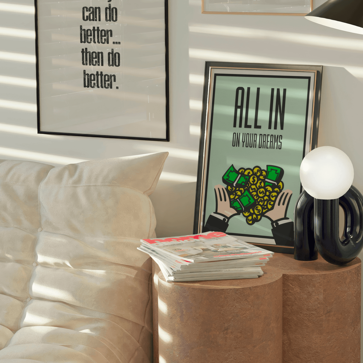 Poster of hands catching cash and coins propped on a side table beside a cream lounge chair
