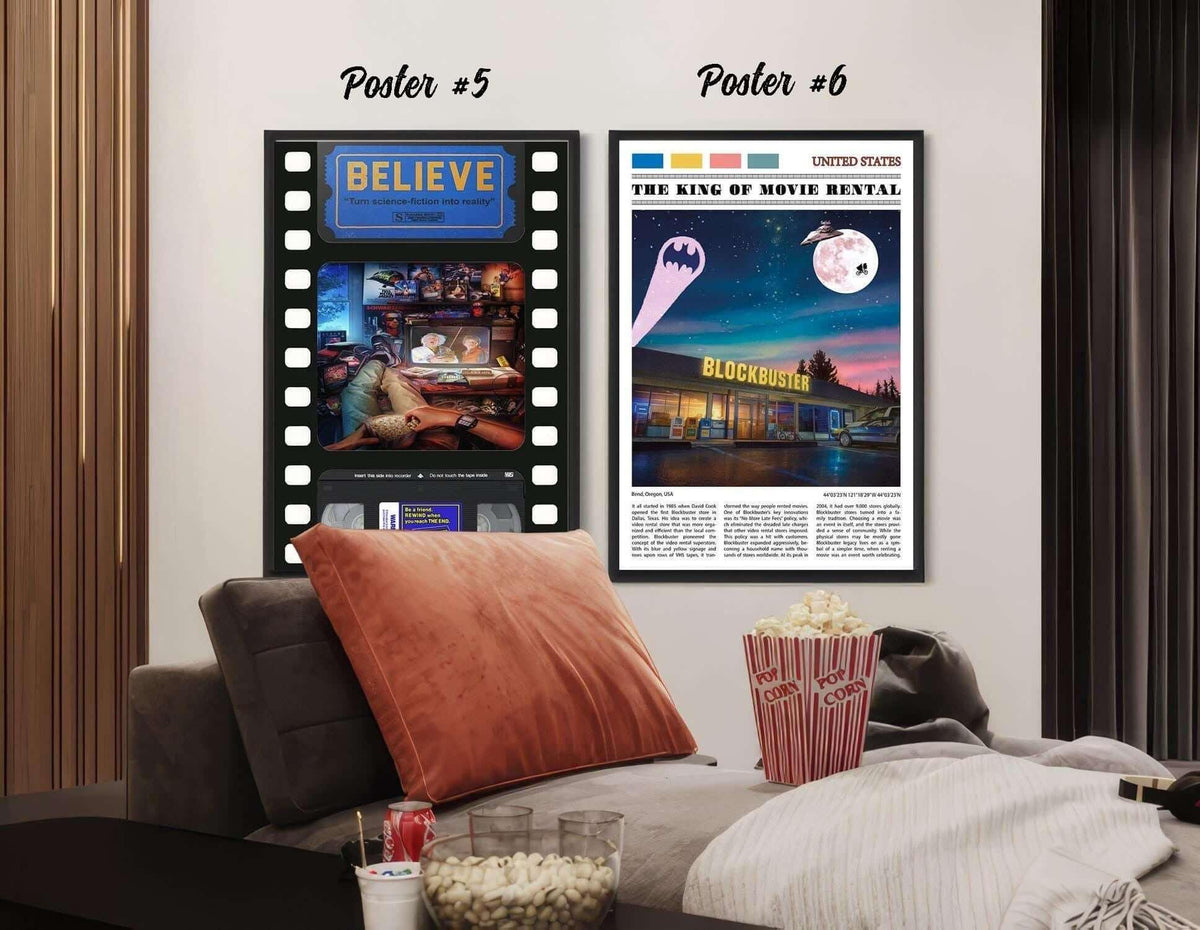 BELIEVE film strip VHS print next to The King of Movie Rental newspaper poster