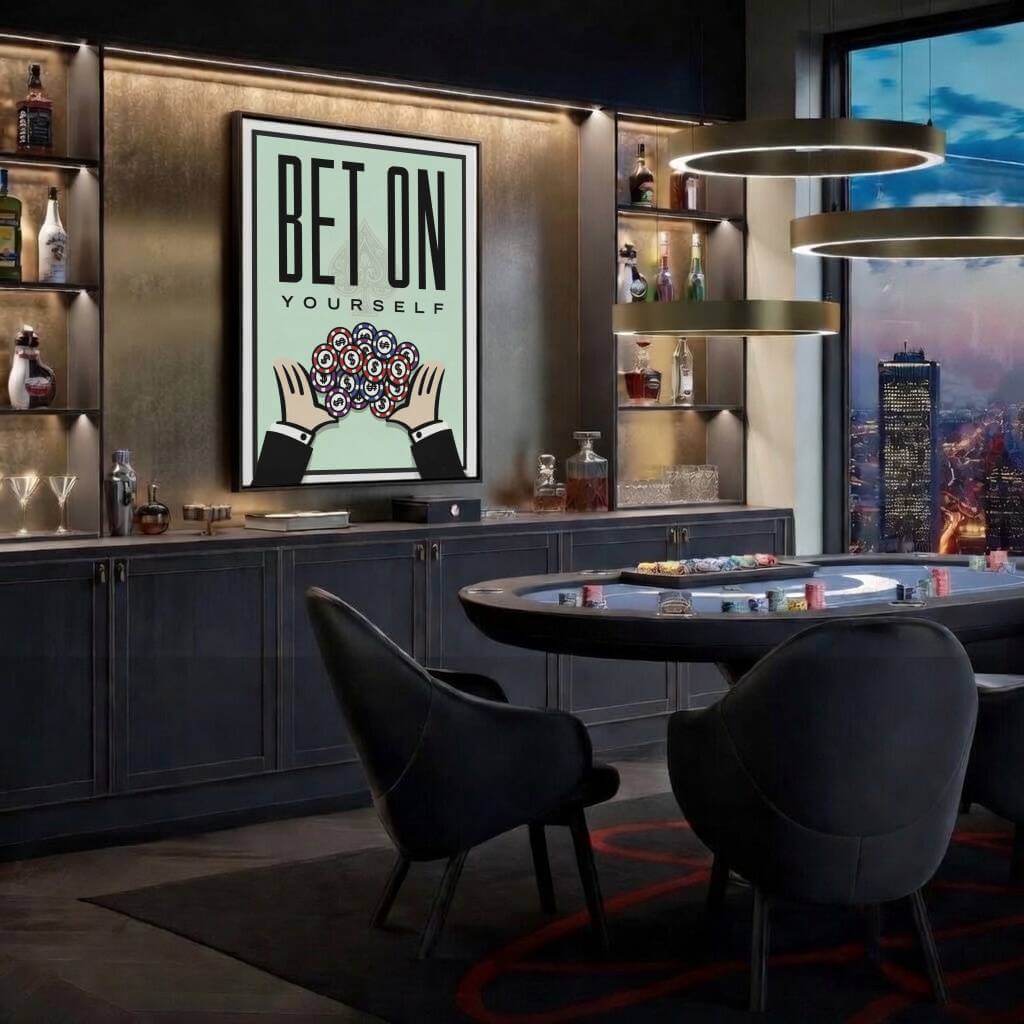 Mint green Bet On Yourself print styled in a dark luxury poker lounge with bar shelves