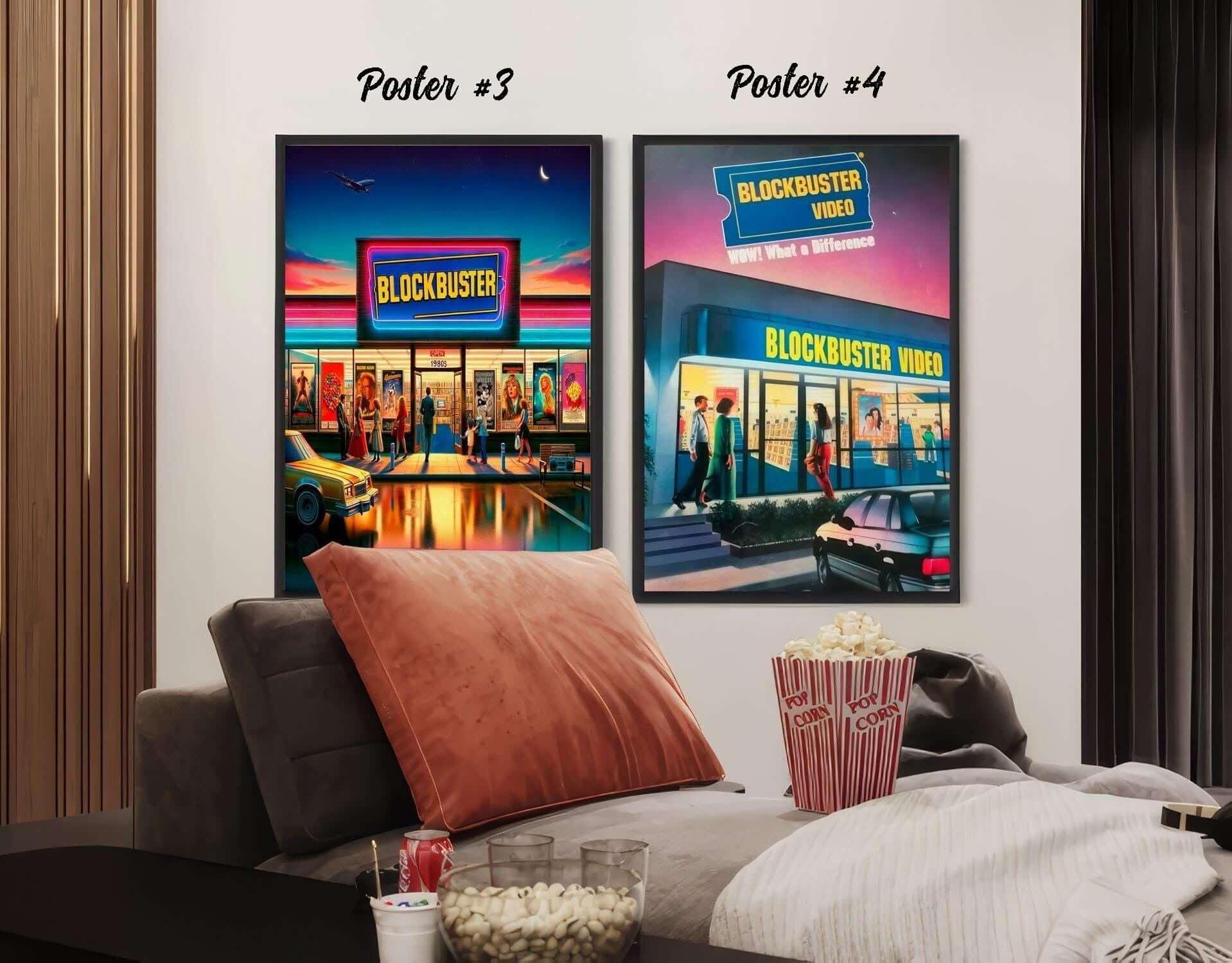 Neon Blockbuster storefront print beside a WOW What a Difference video store poster, close up