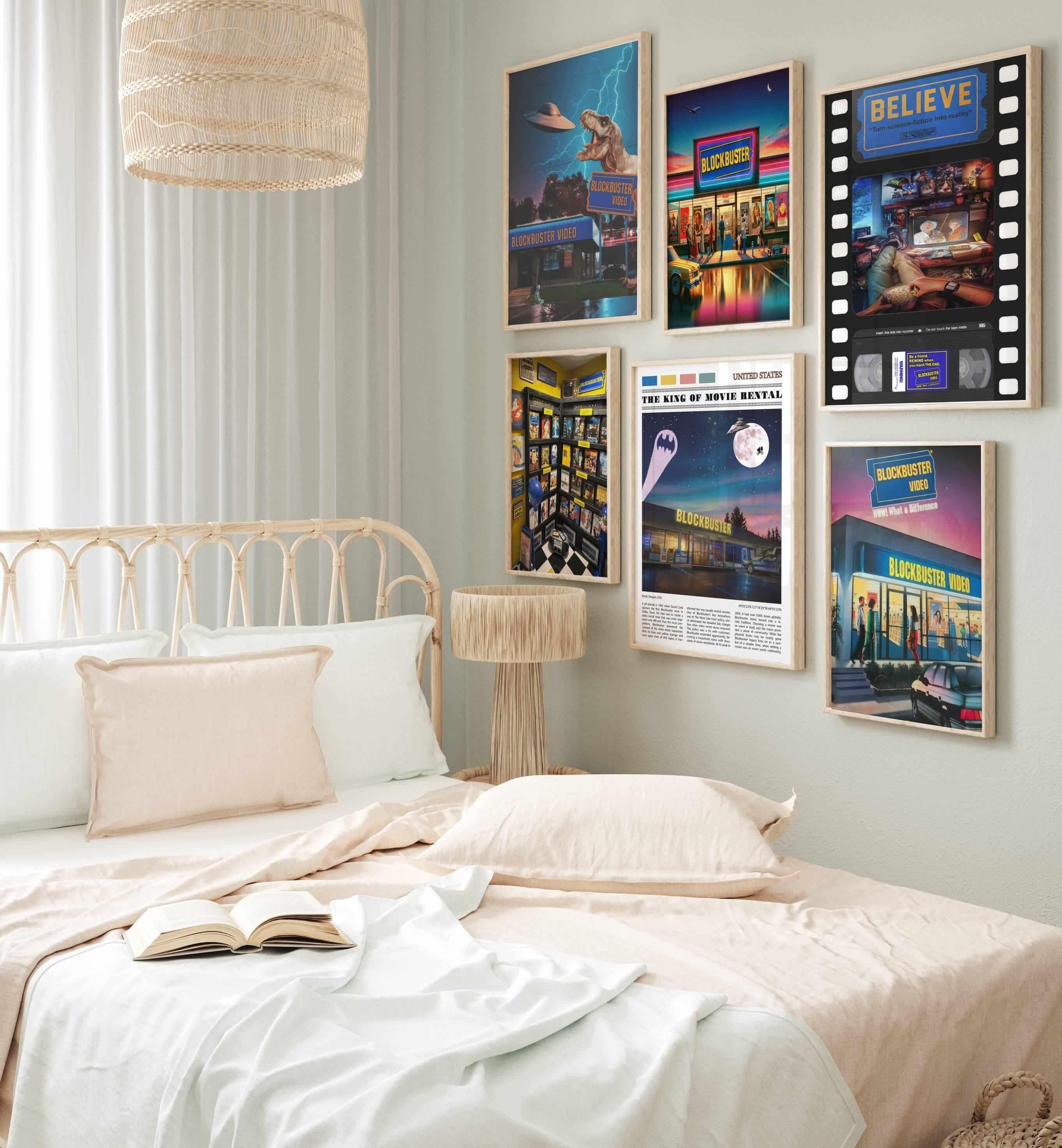 Blockbuster poster set of six on a bedroom wall beside a rattan bed