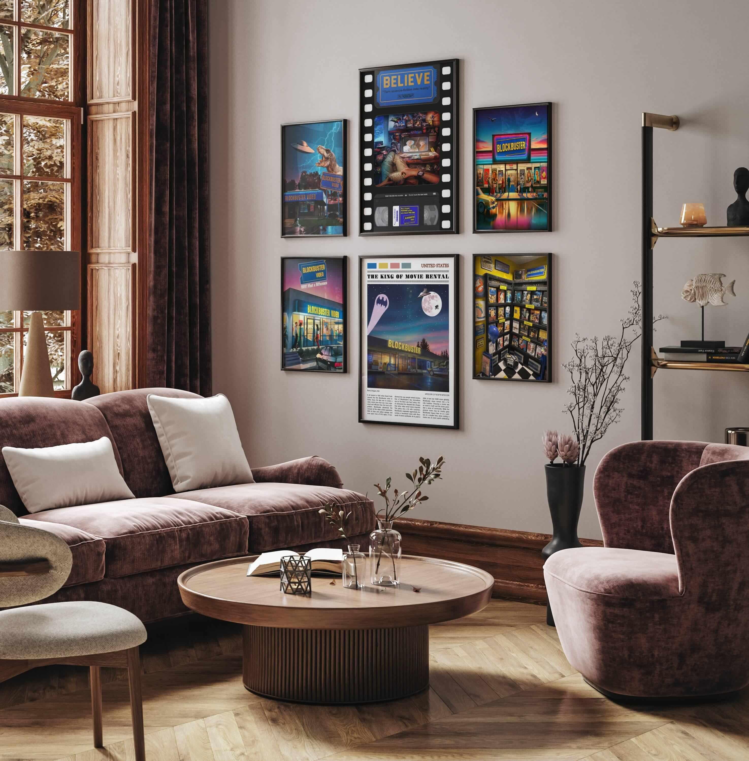Six framed Blockbuster movie posters in black frames above a mauve velvet sofa