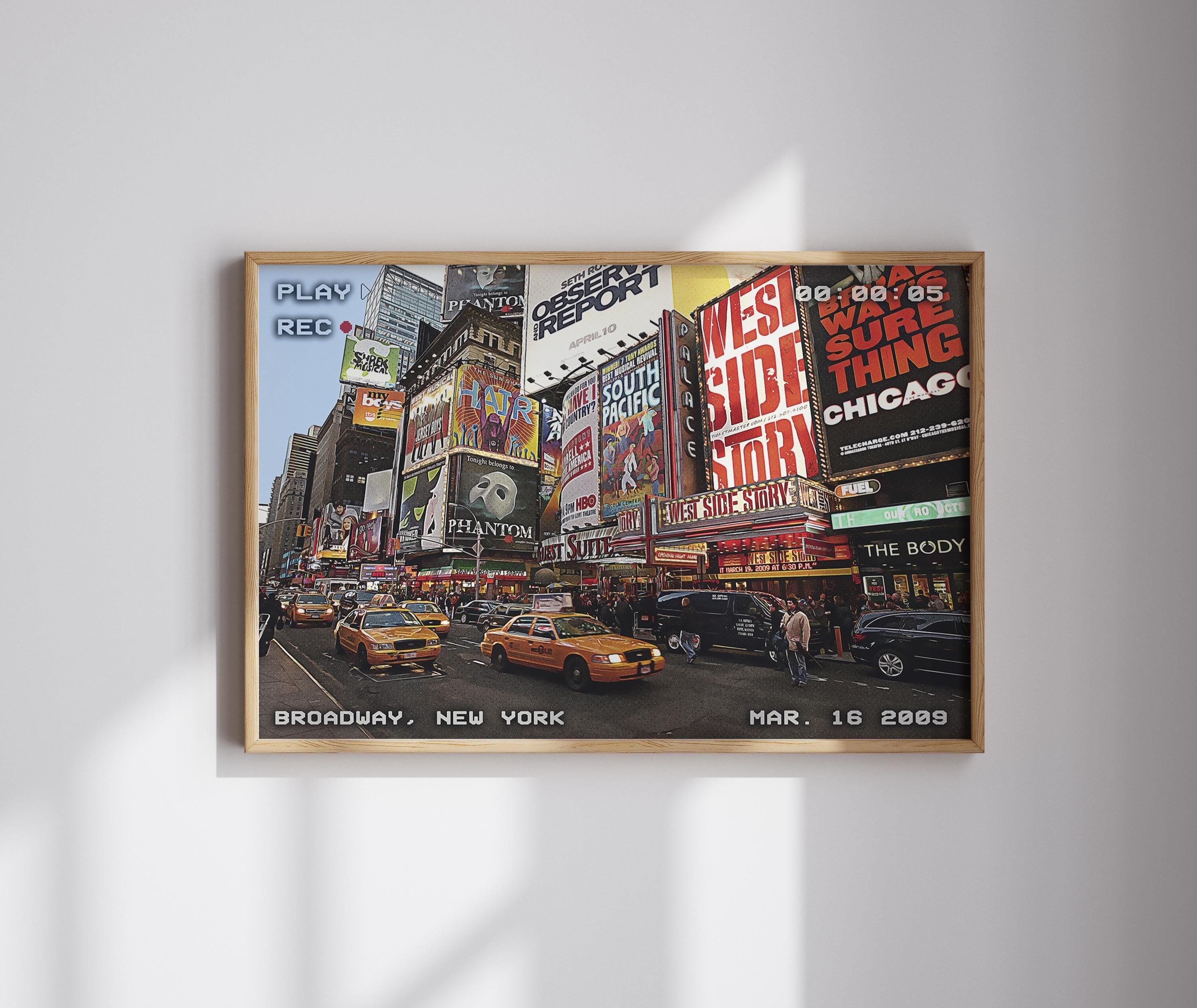 Framed Broadway Times Square poster with yellow taxis and West Side Story marquee, retro VHS overlay