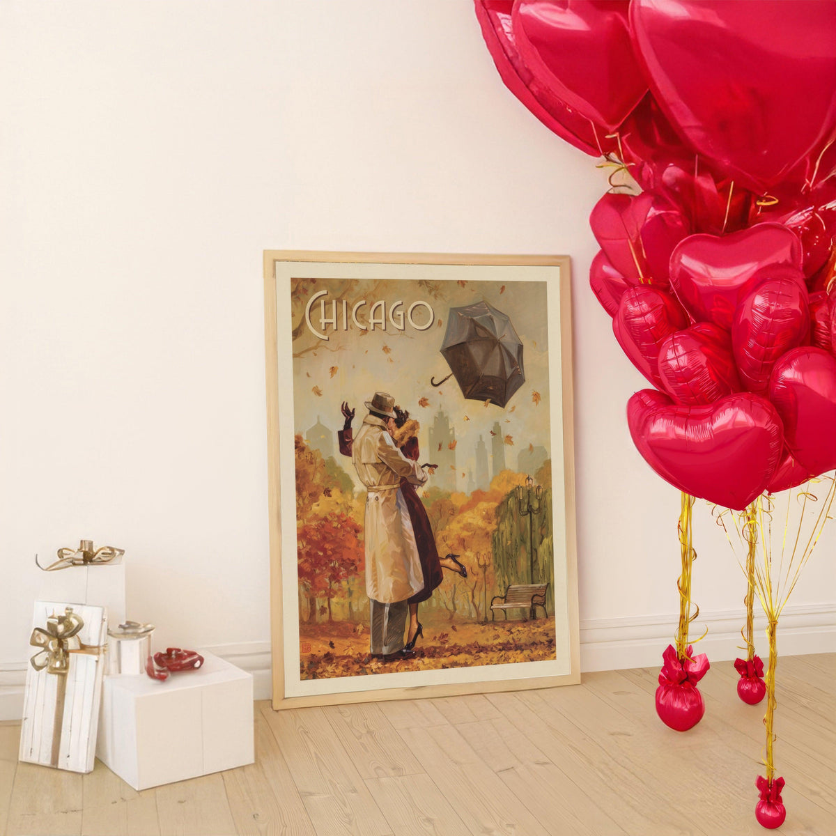 Framed vintage Chicago poster of a kissing couple, leaning on a wall beside red heart balloons
