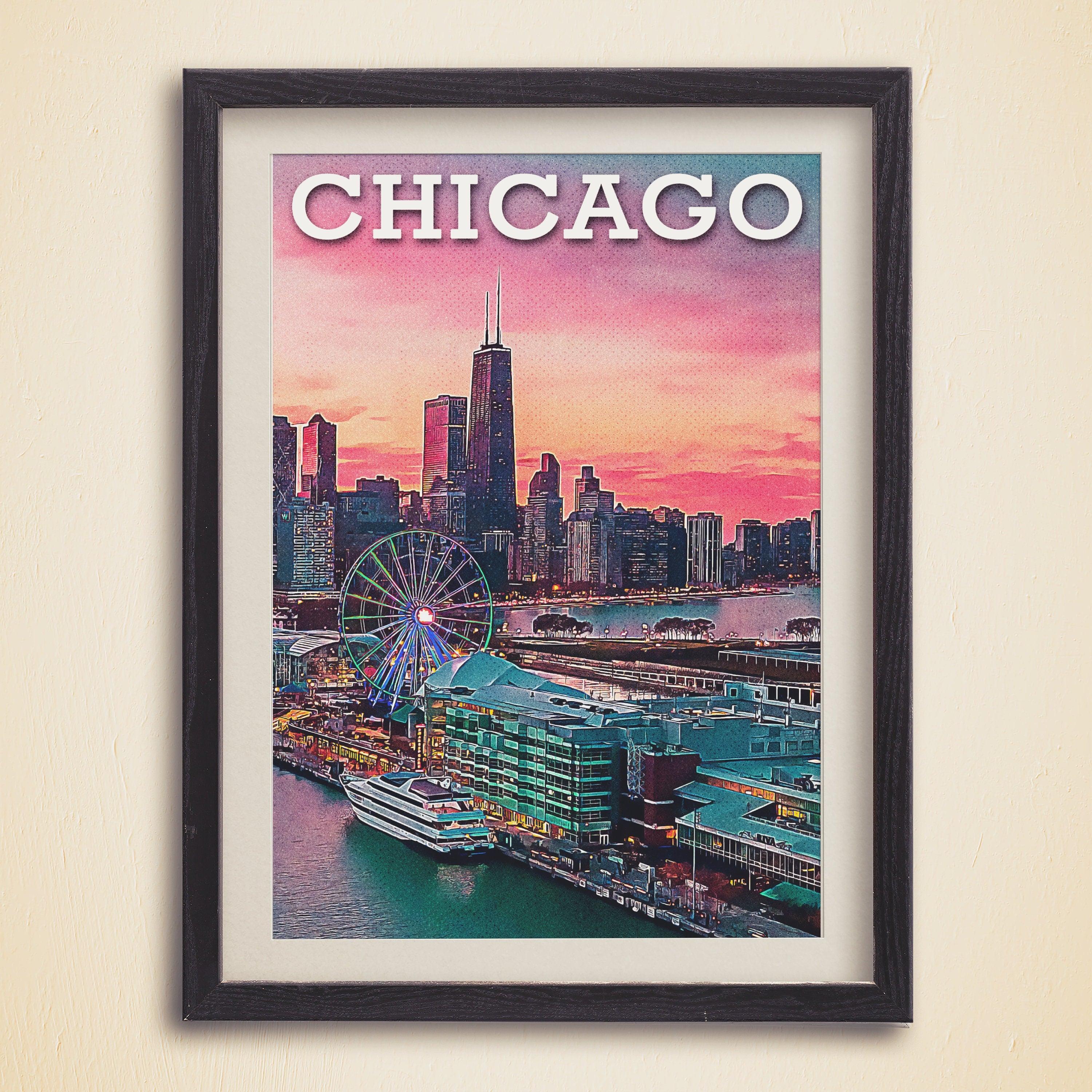 Retro Chicago travel poster with bold CHICAGO lettering, black frame on a cream wall