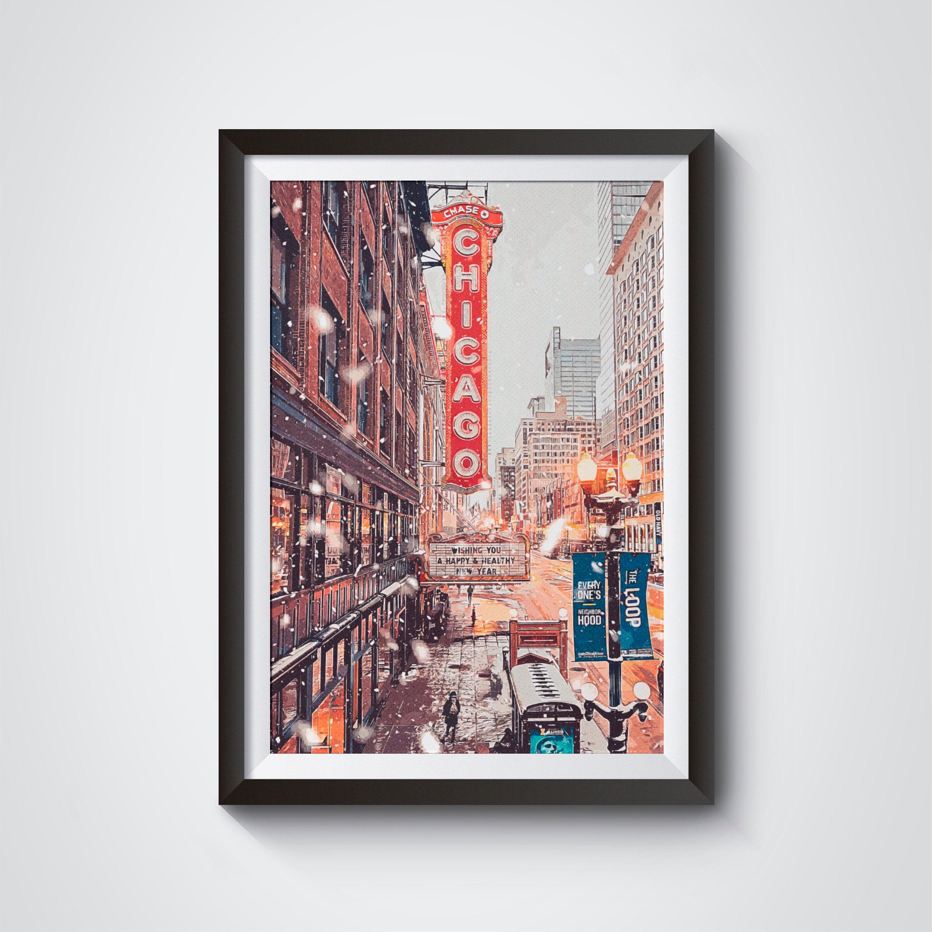Close view of Chicago Theatre marquee reading Wishing You A Happy Healthy New Year in snow