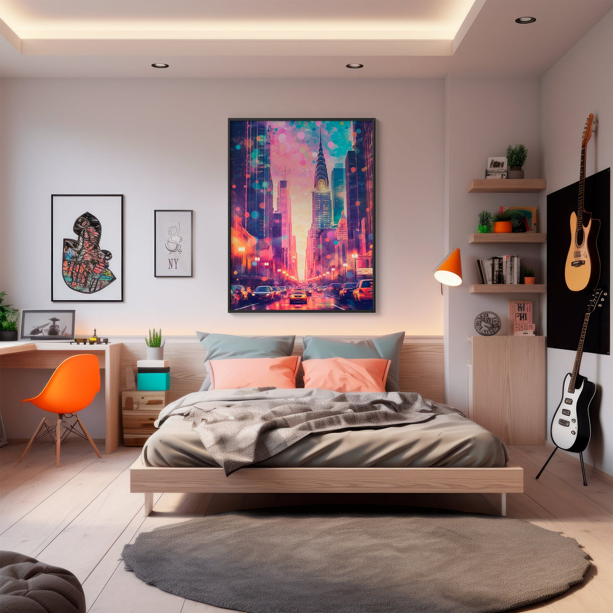 Large Chrysler Building canvas hanging above a bed in a bright modern bedroom with guitar and shelves