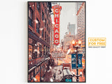 Chicago Poster, Christmas Winter Light Print, Theater Sign, Illinois State Gift, Snowflake Photo, New Year Light, United States Poster