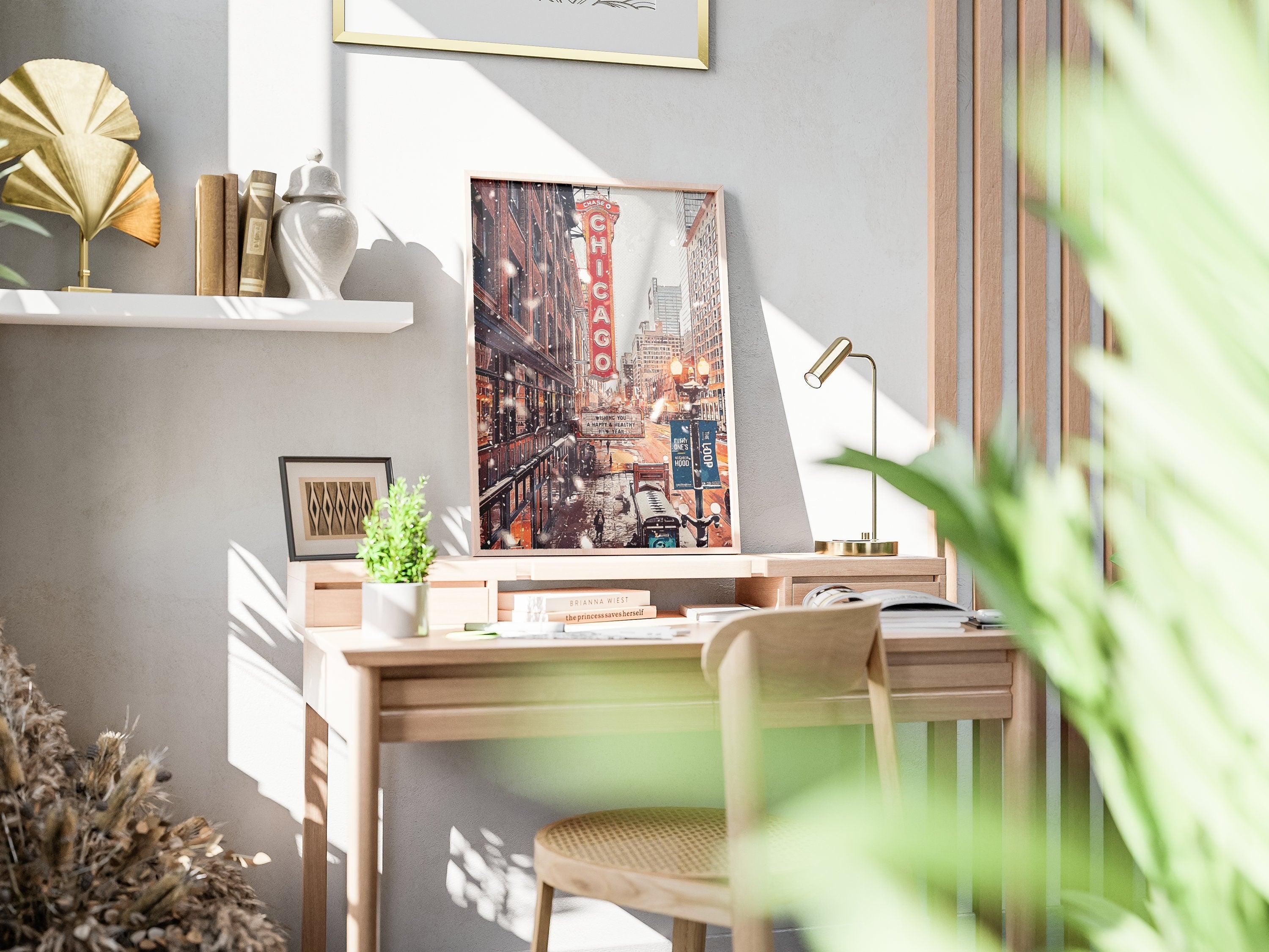 Chicago Poster, Christmas Winter Light Print, Theater Sign, Illinois State Gift, Snowflake Photo, New Year Light, United States Poster