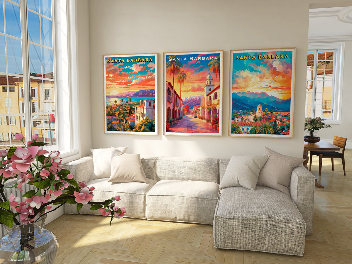 Santa Barbara Prints, 3 Piece Printable Wall Art, Set of 3 Travel Poster, California Colorful Sunset, Vibrant Retro Poster, Digital Download - DreamBrothers