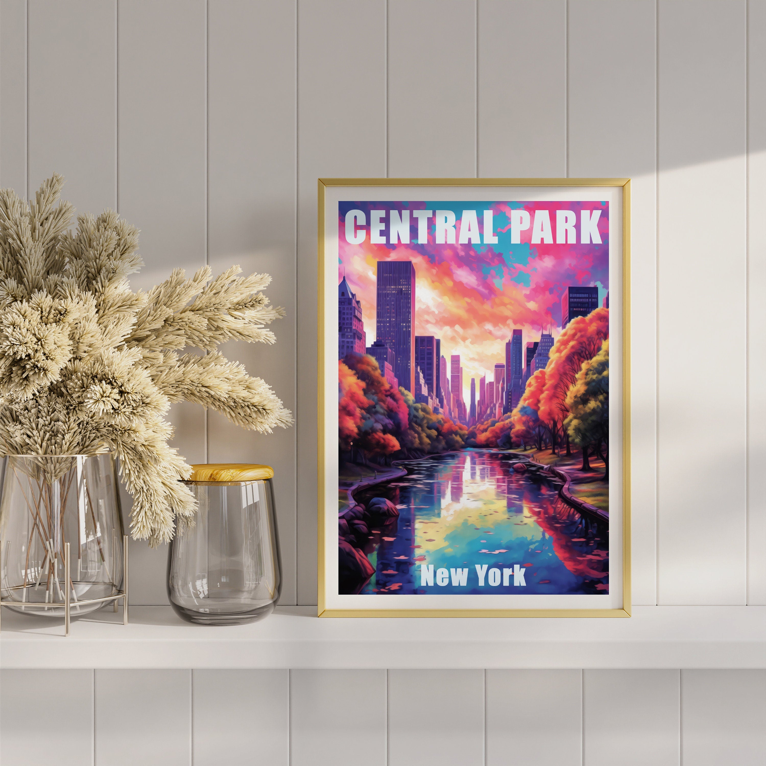 New York Poster, Central Park Print, Sunset Light, Manhattan Colorful Wall Art, NYC, USA Travel Gift, Vibrant Bright Colors, Oil Painting