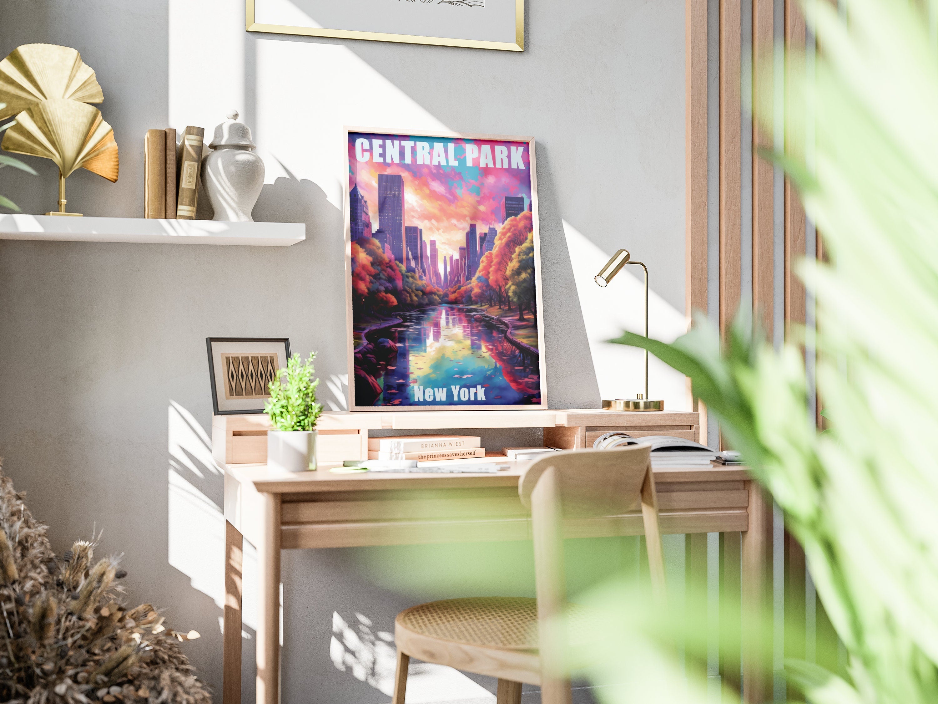 New York Poster, Central Park Print, Sunset Light, Manhattan Colorful Wall Art, NYC, USA Travel Gift, Vibrant Bright Colors, Oil Painting