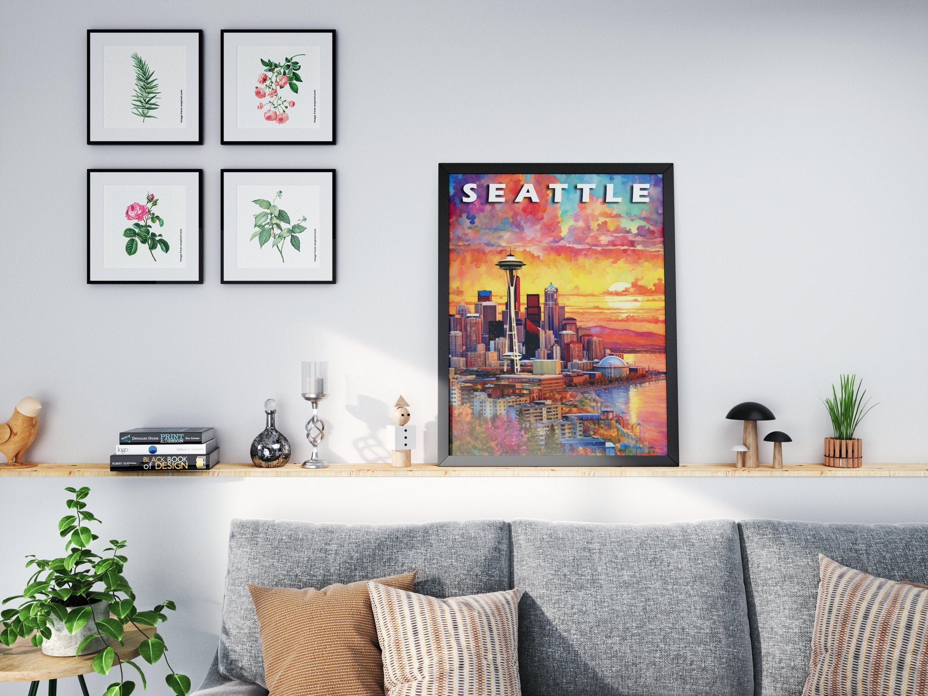 Seattle Poster, Magic Travel Print, Washington Colorful, Retro Vibrant Poster, Printable Wall Art For World Traveller