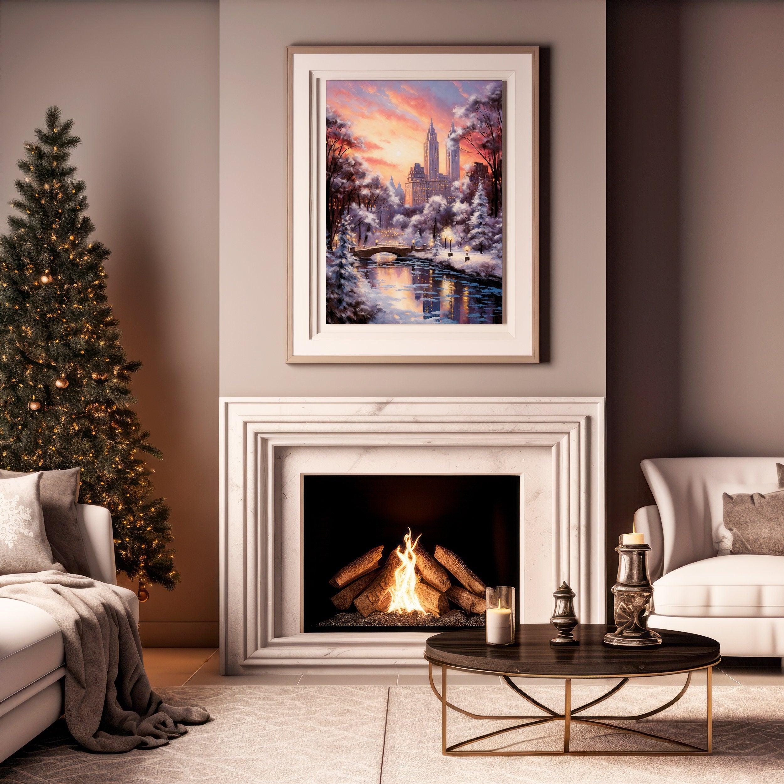 New York Winter Poster, Central Park Poster, Sunset Lights, Decor For World Traveller, Oil Painting Christmas Gift, Aesthetic Snowing
