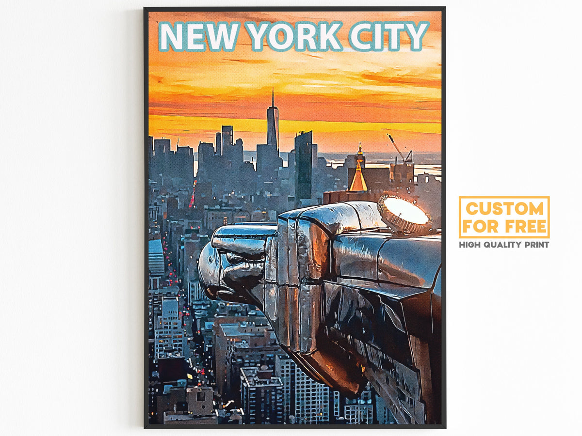 Chrysler Building Poster, New York Retro Poster, Gargoyle, Sunset Lights, Manhattan Colorful Wall Art, Vibrant USA Print, NYC Gift Decor - DreamBrothers