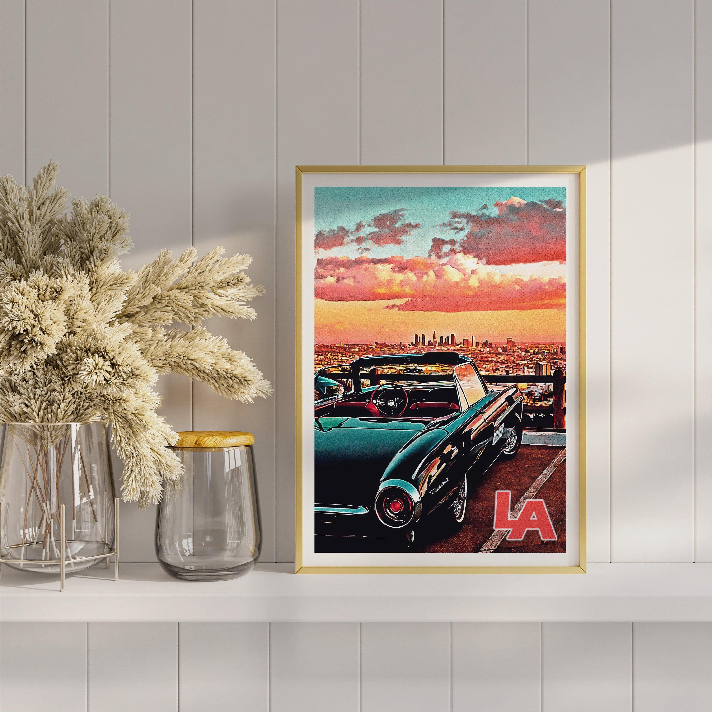 Los Angeles Skyline Poster, California Vintage Wall Art, Sunset Pastel Clouds, USA Travel Gift, Vibrant Retro Print, Aesthetic Retro Poster