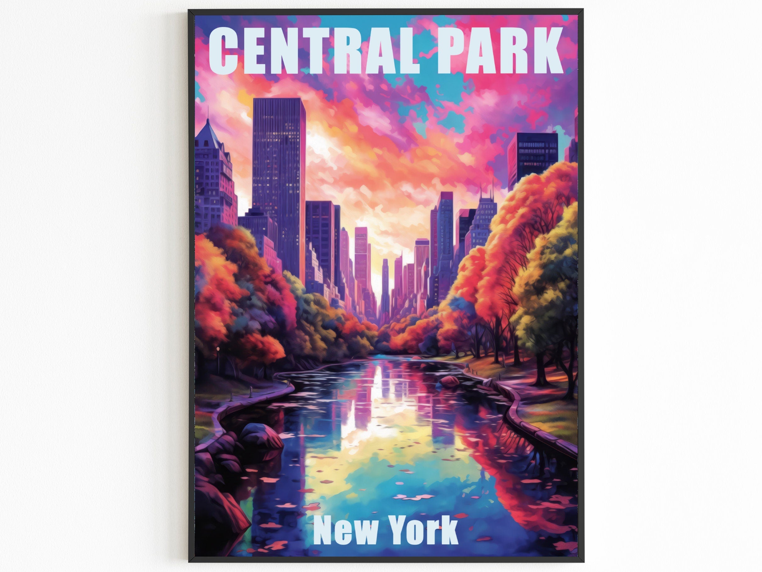 New York Poster, Central Park Print, Sunset Light, Manhattan Colorful Wall Art, NYC, USA Travel Gift, Vibrant Bright Colors, Oil Painting