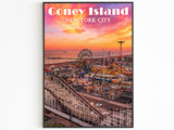 Coney Island Print, New York Colorful Wall Art, Rollercoaster, Brooklyn Poster Gift, Funfair, Vibrant USA, Aesthetic Sunset, NYC Skyline