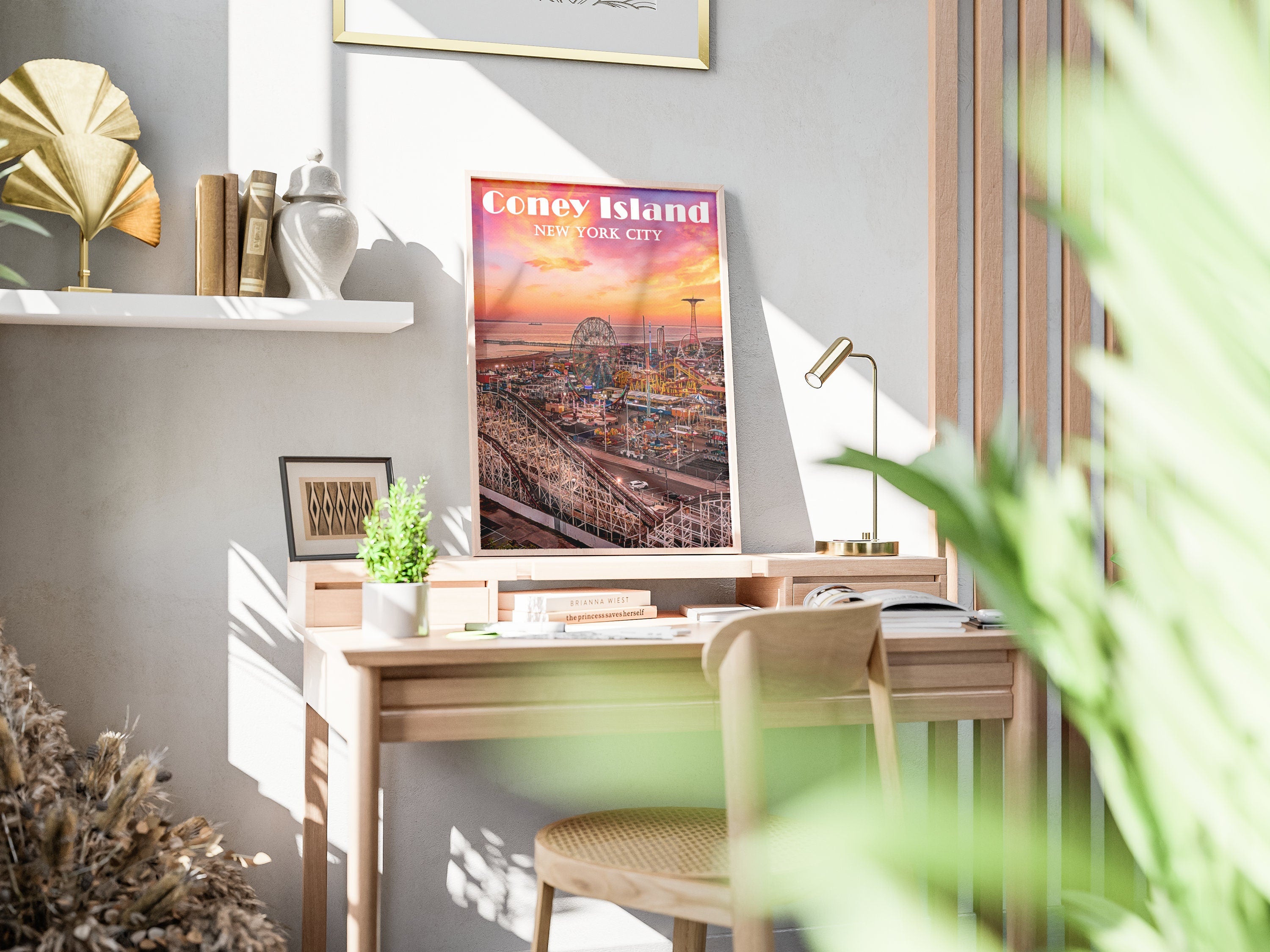 Coney Island Print, New York Colorful Wall Art, Rollercoaster, Brooklyn Poster Gift, Funfair, Vibrant USA, Aesthetic Sunset, NYC Skyline