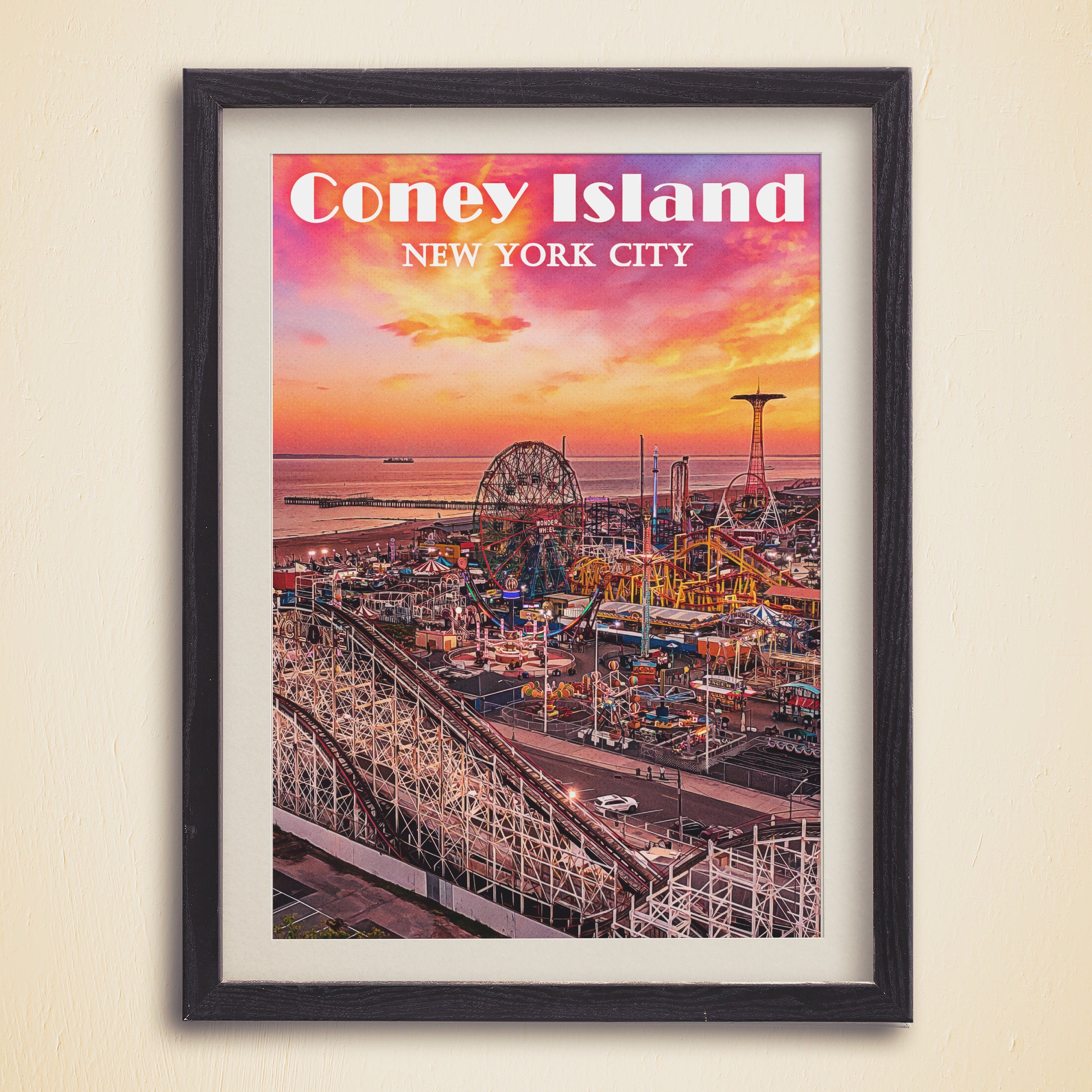Coney Island Print, New York Colorful Wall Art, Rollercoaster, Brooklyn Poster Gift, Funfair, Vibrant USA, Aesthetic Sunset, NYC Skyline