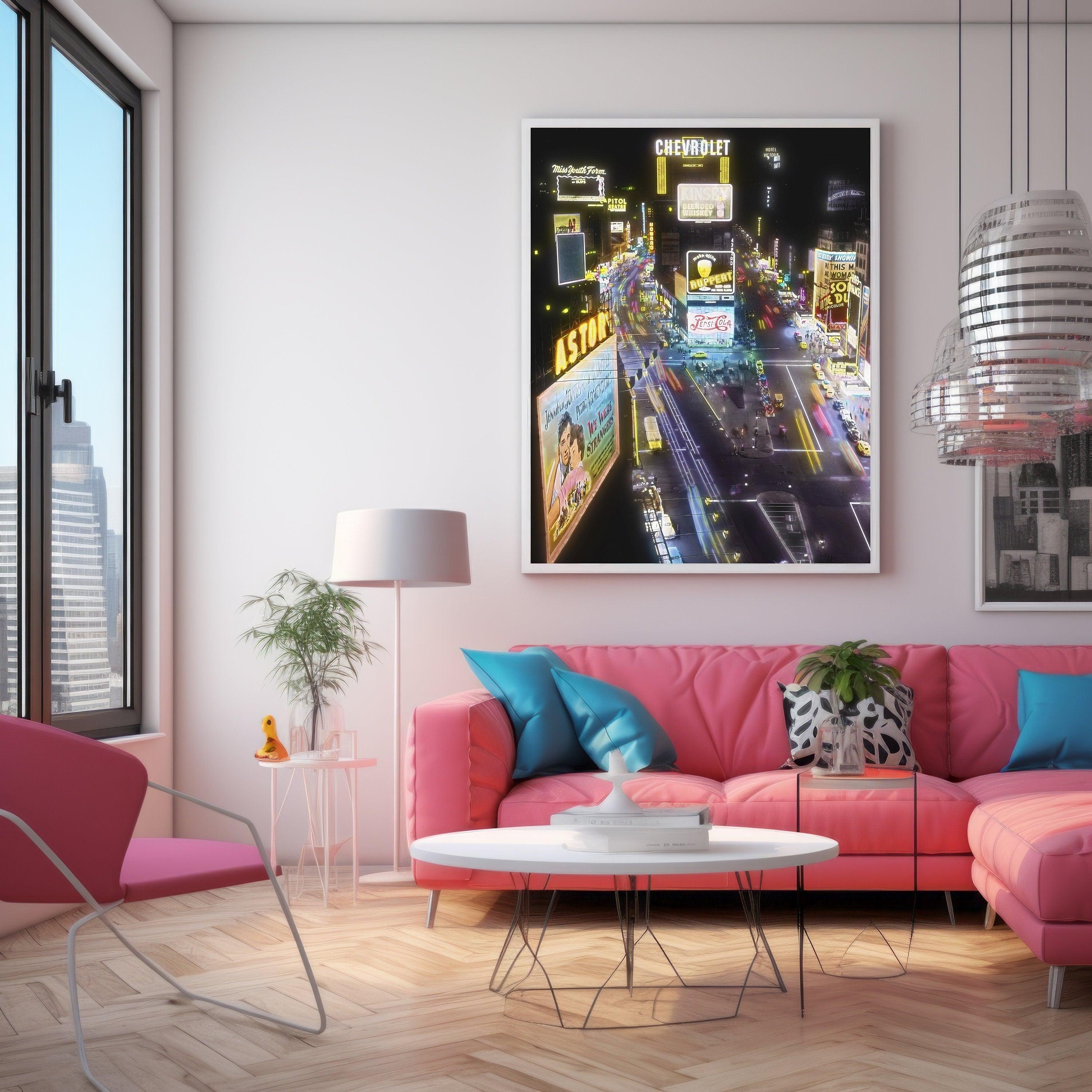 New York Vintage Print, Trendy Bar Decor, 1950s Photo Restoration, Oil Painting Poster, Colorful City Lights, Aesthetic Neon