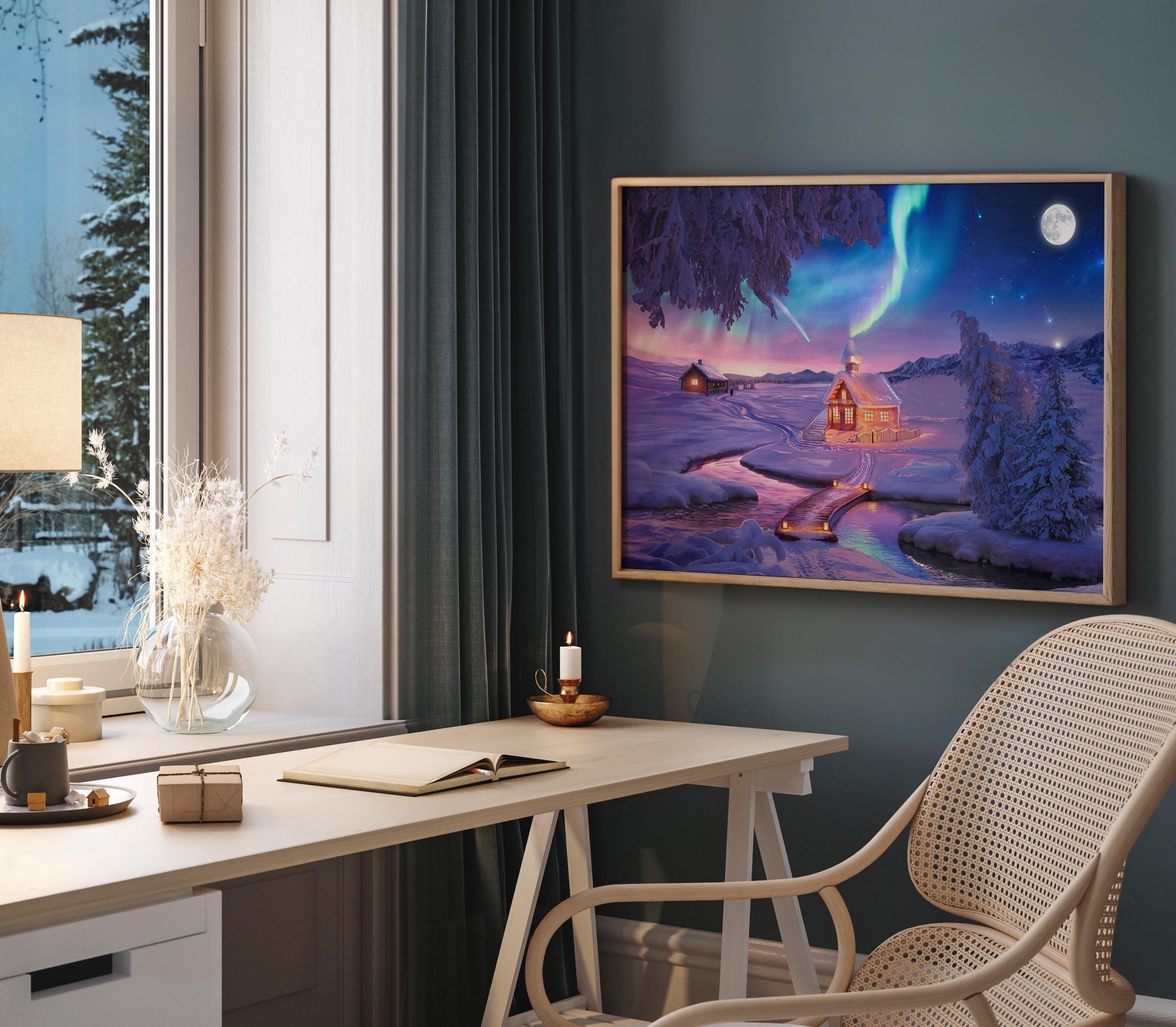 Colorful Winter Wonderland Poster - Dream Night, Northern Lights Mountain, Moon Phase Print, Starry Sky Night, Oil Painting Panoramic Art