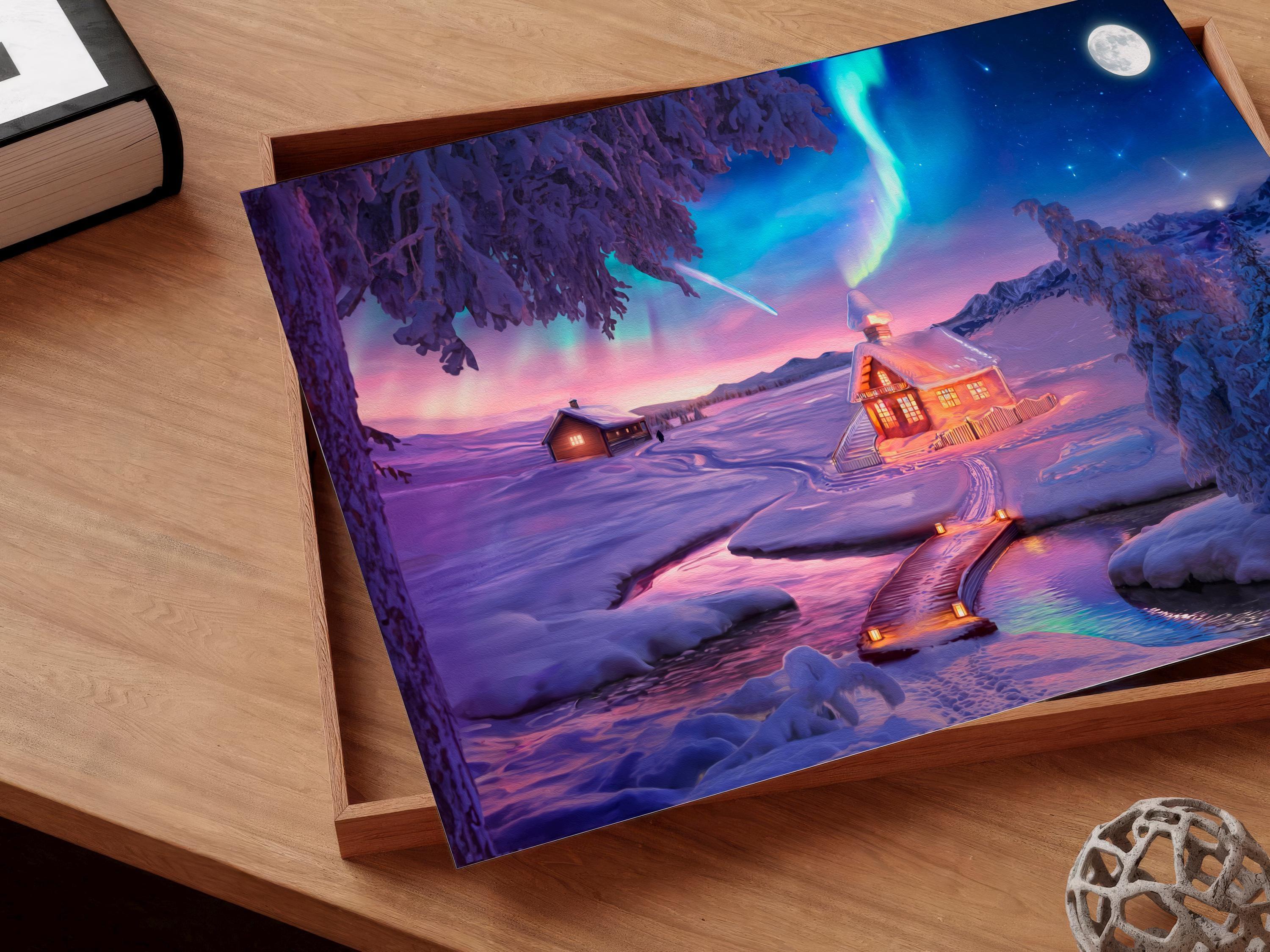 Colorful Winter Northern Lights Landscape Decor - Aurora Borealis Mountain Printable, Starry Sky Night, Moon Phase, Oil Painting Panoramic