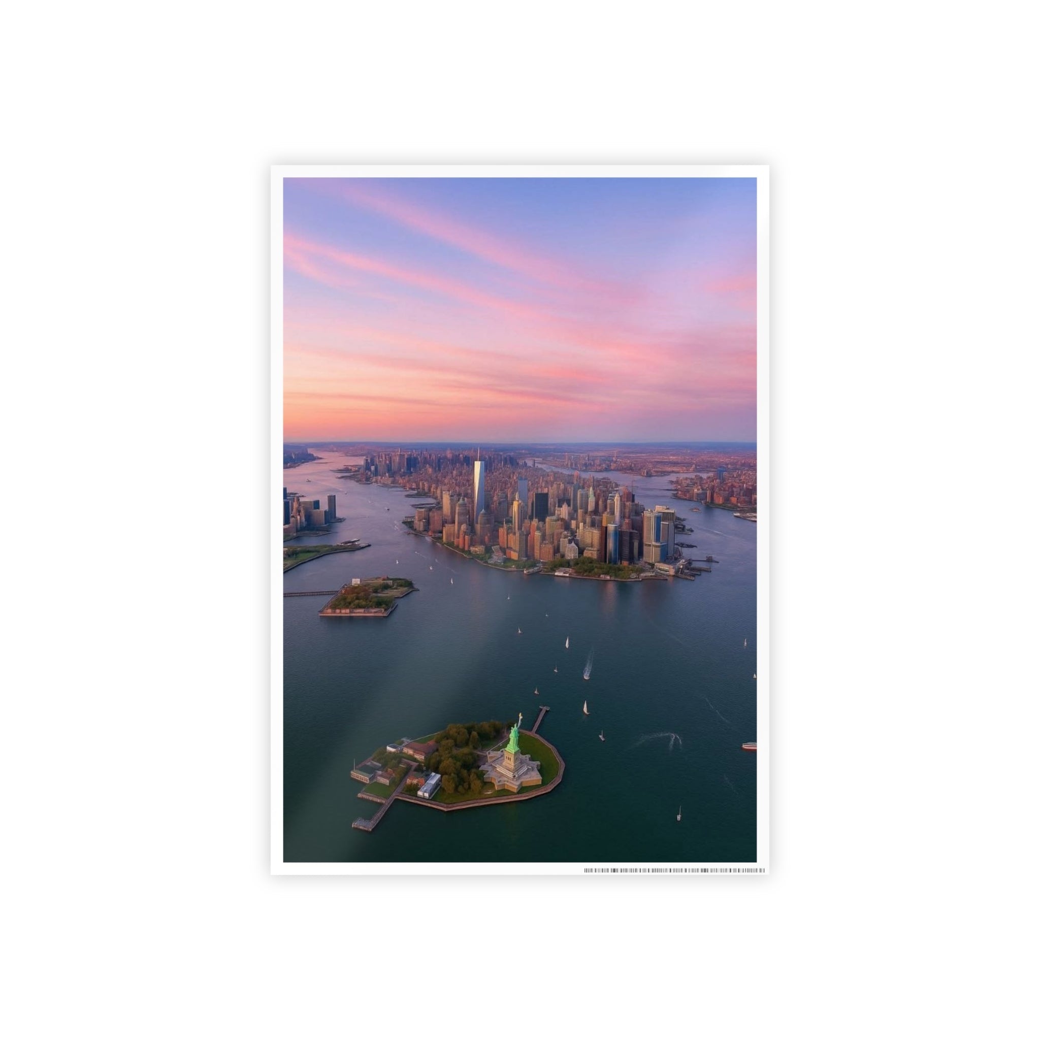 New York City sunset skyline poster showing Lower Manhattan and One World Trade Center with purple and orange sky.