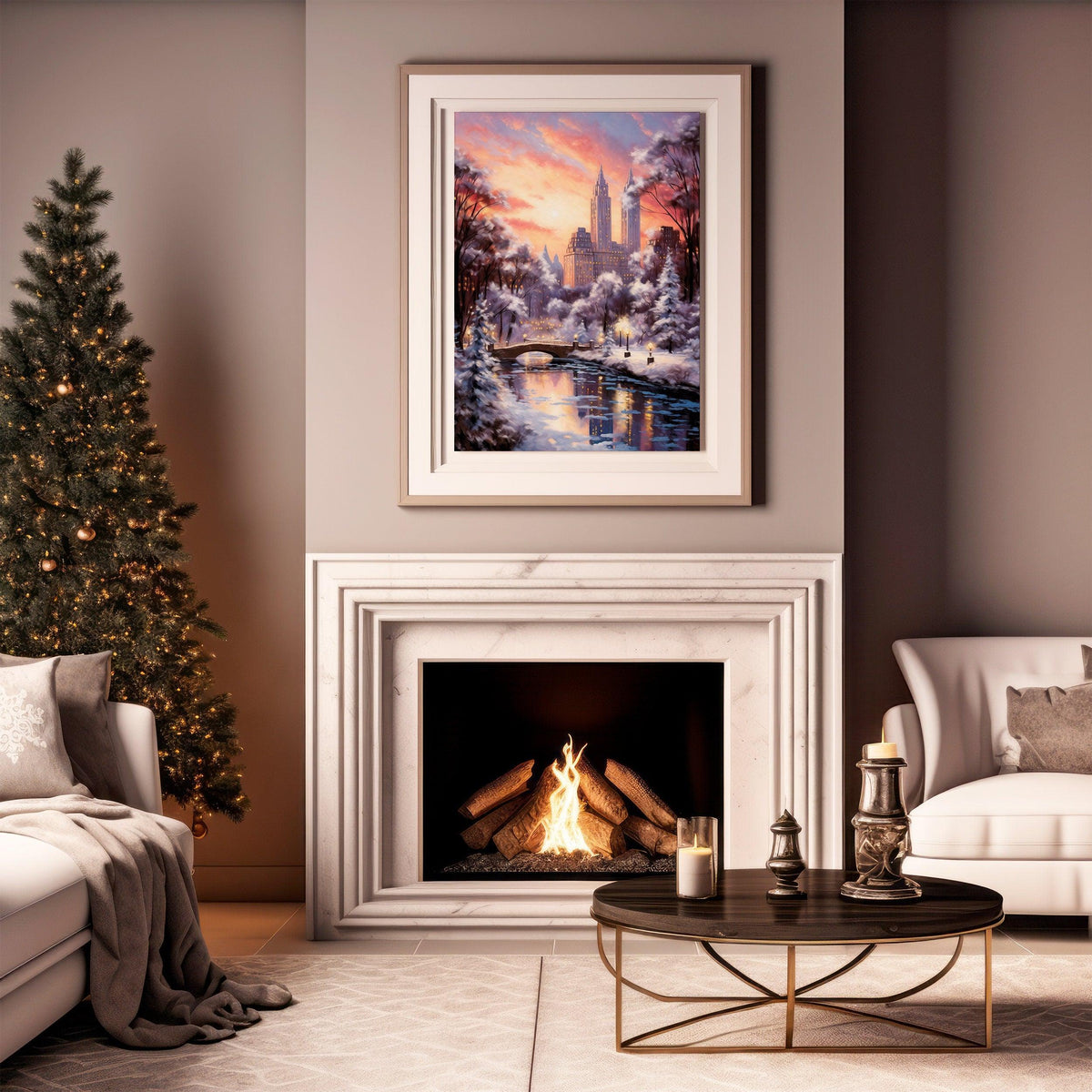 New York Winter Poster, Central Park Poster, Sunset Lights, Decor For World Traveller, Oil Painting Christmas Gift, Aesthetic Snowing - DreamBrothers