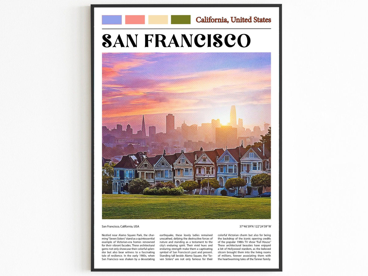 San Francisco Skyline Poster, Painted Ladies, Victorian Houses, California Retro Print, USA Travel Gift, Vintage Home Wall Art Decor - DreamBrothers