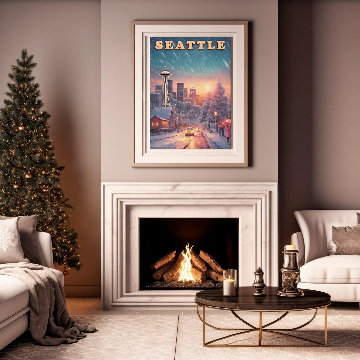 Seattle Vintage Poster, Sunset Light, Winter Nostalgic Art, Travel Poster Gift For Christmas, Washington Colorful, Decor For World Traveler - DreamBrothers