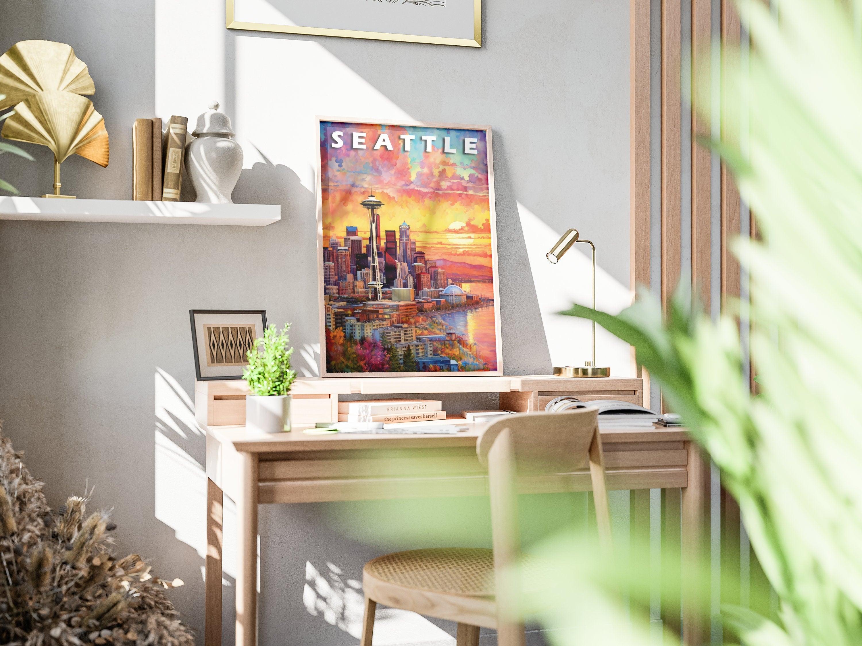 Colorful Seattle skyline print in light wood frame resting on a sunlit wooden desk