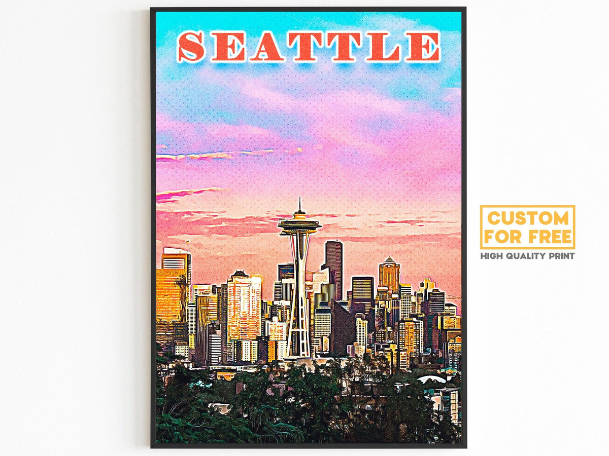 Seattle Poster • Printable Wall Art For World Traveller • Pink Orange Colorful • Retro Vibrant Print • USA Travel Gift • Digital Download - DreamBrothers