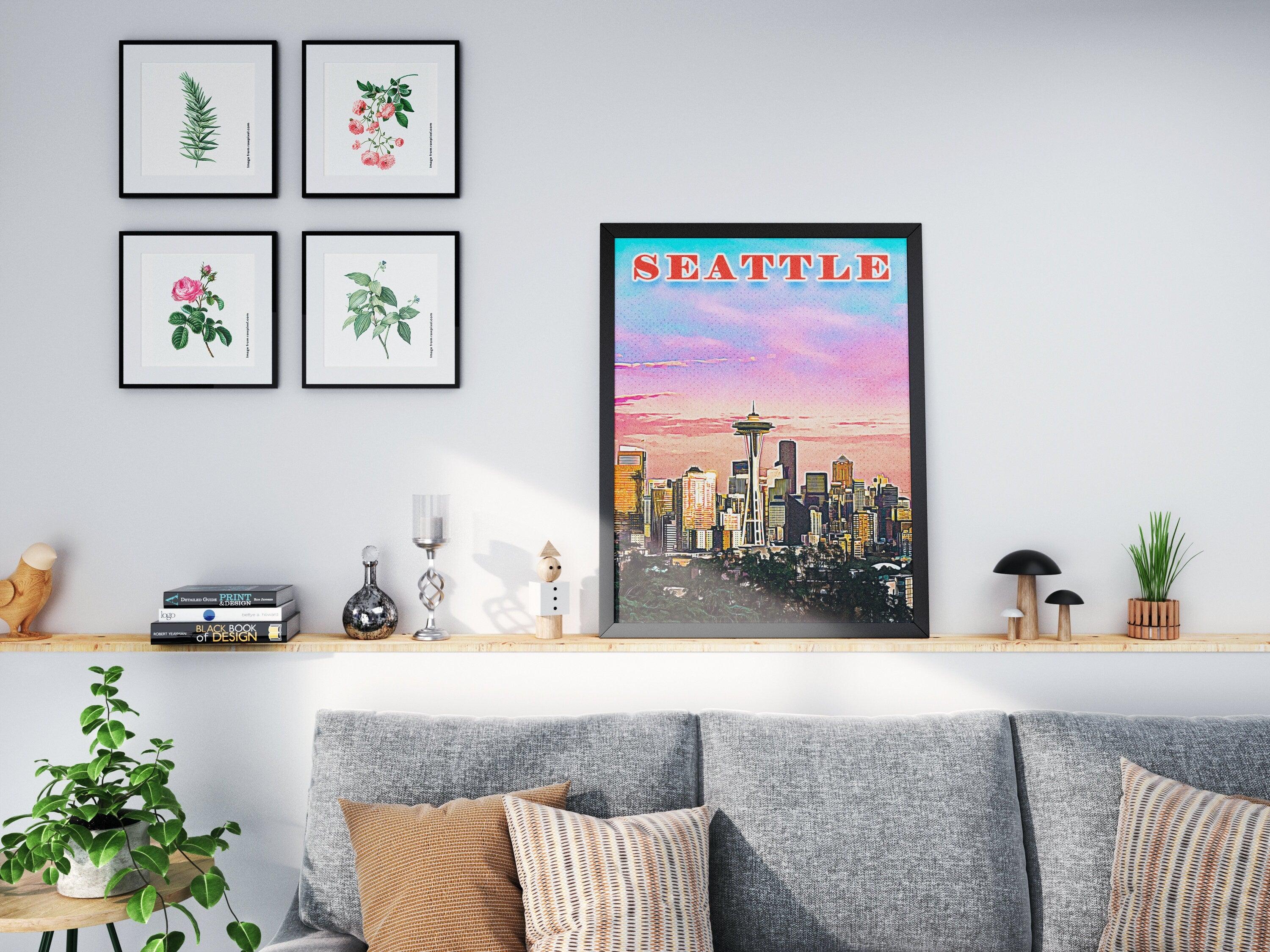 Seattle Poster • Printable Wall Art For World Traveller • Pink Orange Colorful • Retro Vibrant Print • USA Travel Gift • Digital Download - DreamBrothers