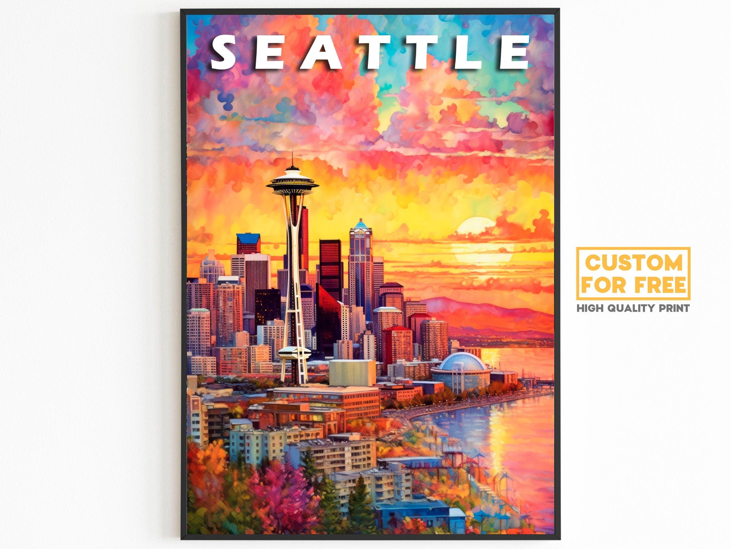 Seattle travel poster in black frame on white wall, Space Needle over vivid sunset skyline