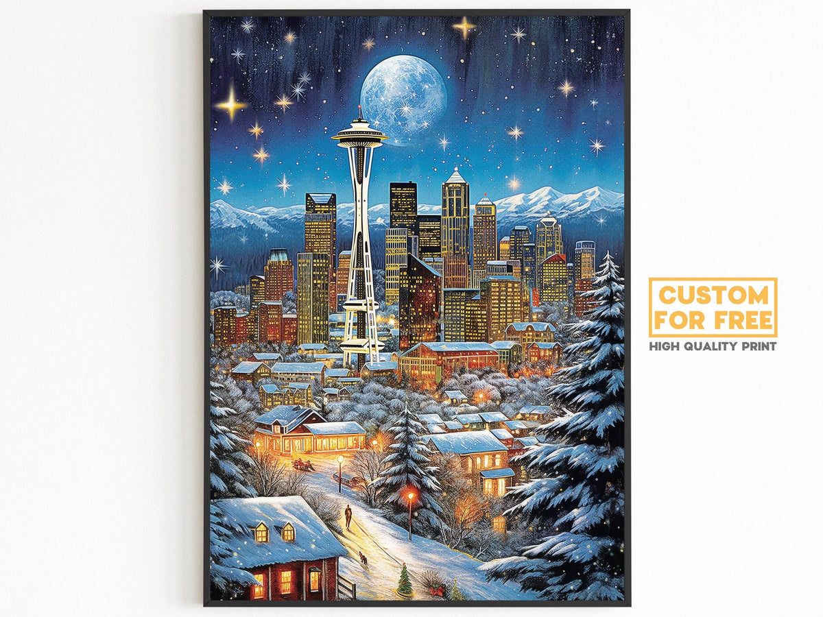 Vintage Christmas Washington Poster, Seattle Night, Nostalgic Winter Art, Travel Poster Gift for Christmas, Full Moon, Starry Sky - DreamBrothers
