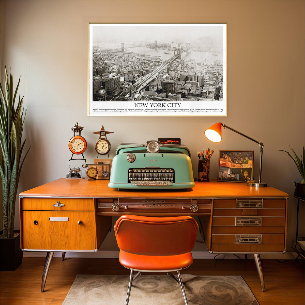 Framed 1916 black and white New York City aerial poster above a retro orange desk with mint typewriter