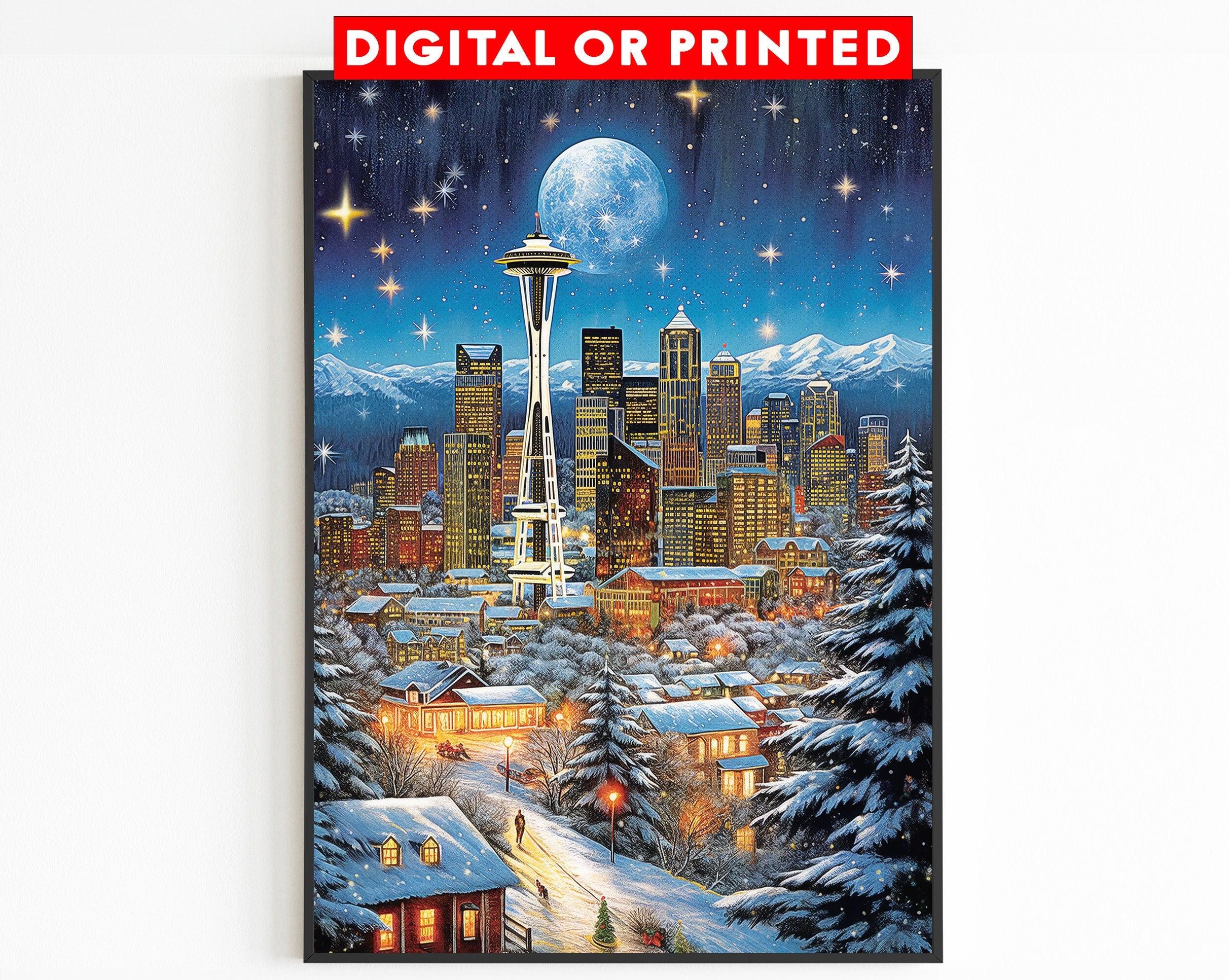 Vintage Christmas Washington Poster, Seattle Night, Nostalgic Winter Art, Travel Poster Gift for Christmas, Full Moon, Starry Sky - DreamBrothers