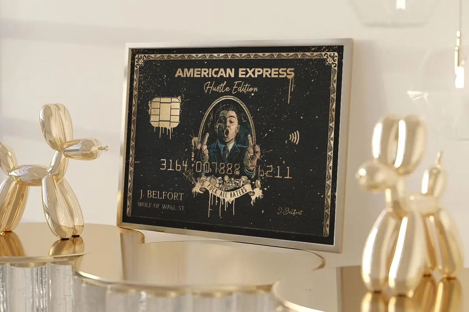 Wolf of Wall Street Amex Money canvas with gold balloon dog sculptures on a luxury gold display.