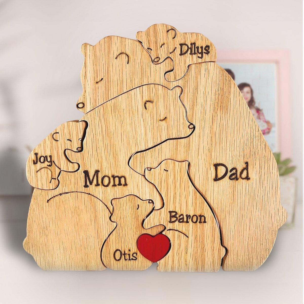 Personalized Wooden Bear Family Puzzle - Custom Name Engraved Gift for Family - 2 to 8 Bears - DreamBrothers